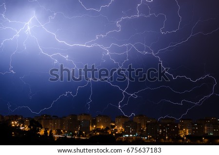 Lightning During Thunderstorm In Urban Area At Night Lightning During Thunderstorm In Urban Area At Night