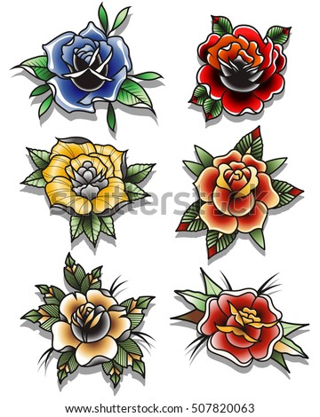 Flowers Set Stickers Traditional Tattoo Style Stock Vector 372713164 ...