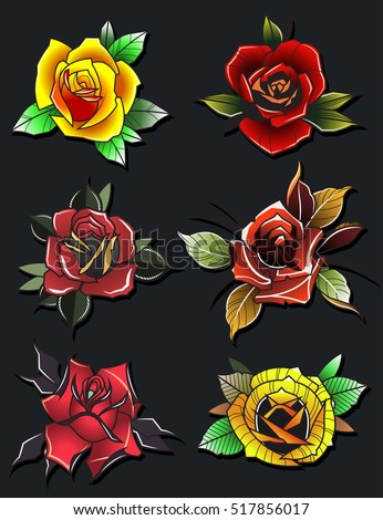 Neo Traditional Tattoo Roses Set Vector Stock Vector 517855999