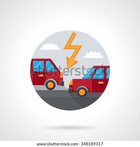 Two red automobiles on a road and lightning. Car crash. Auto insurance Two red automobiles on a road and lightning. Car crash. Auto insurance