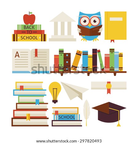 knowledge books vector flat education style objects wisdom collection isolated over colorful university college shutterstock learning reading library items study