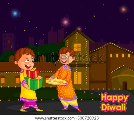 Kids Enjoying Firecracker Celebrating Diwali Festival Stock Vector ...