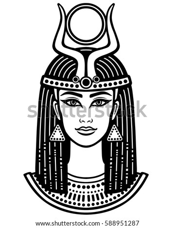 Animation Portrait Beautiful Egyptian Woman Horned Stock 