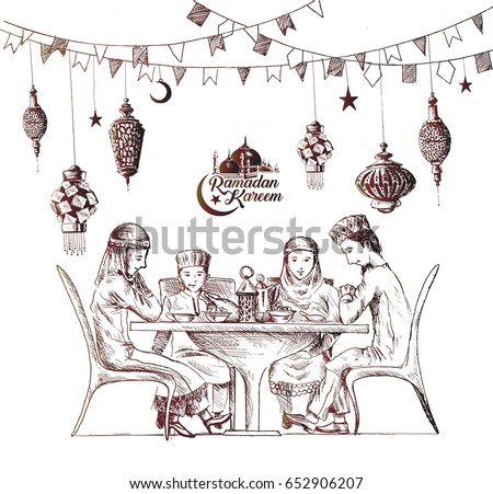 Happy Muslim Family Ramadan Kareem Iftar Stock Vector 