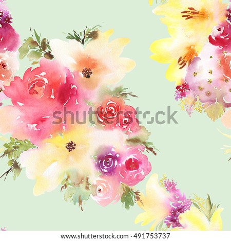 Roses Lilies Seamless Pattern Watercolor Painting Stock Illustration ...