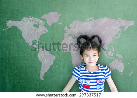 stock photo happy asian school child girl on green chalkboard with pink world map background smiling lovely 297337517