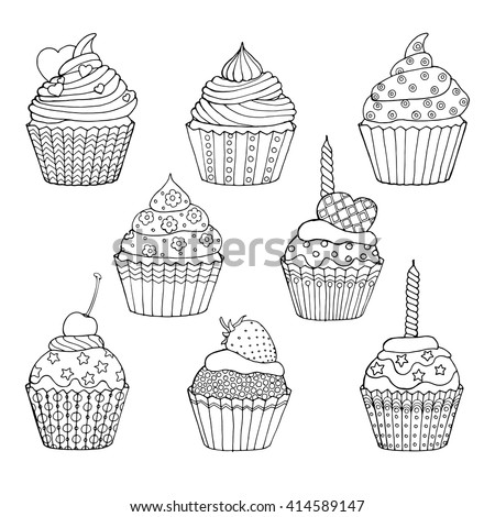 various cup cakes decorated cupcakes hearts stock vector 414589162 ... - Cupcake Candle Coloring Page various cup cakes decorated cupcakes hearts stock vector 414589162 ... - Cupcake Candle Coloring Page