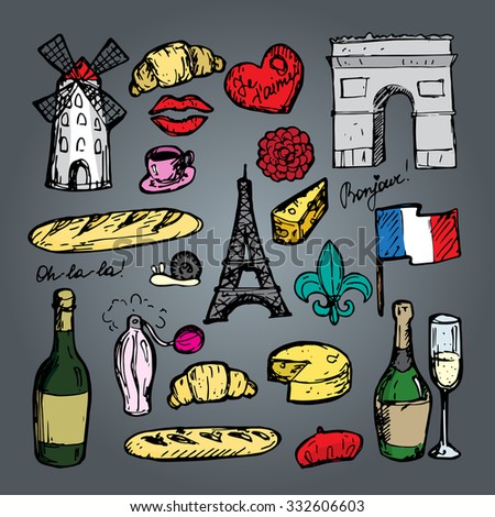 Set Paris Landmarks Icons Doodle Vector Stock Vector 156519746 ...