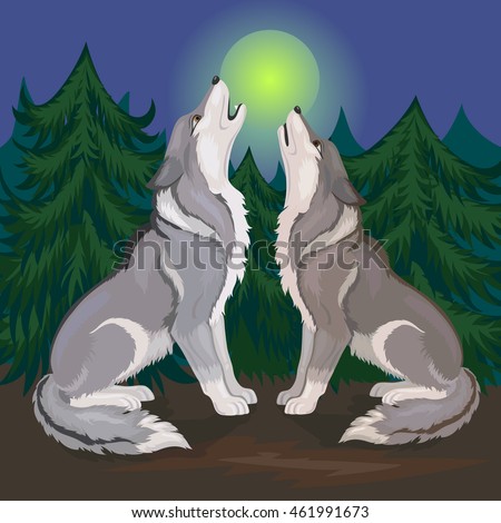 two wolves howling at the moon