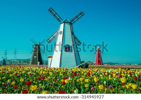 Colorful Tulips Park Wooden Windmills On Stock Photo 398973733 