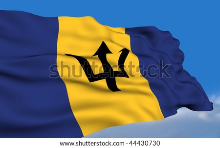 Barbadian flag waving on wind - stock photo