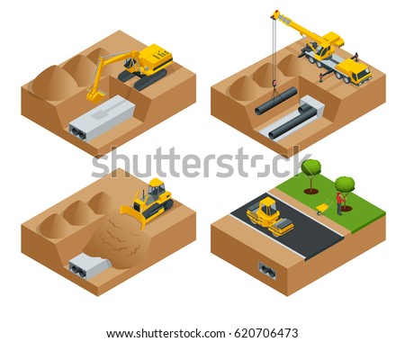 Removing the asphalt road damaged during a water main failure. Laying of new pipes. Road repair concept. Flat 3d vector isometric illustration.