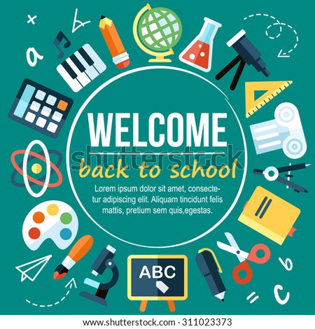 stock vector colorful vector welcome back to school poster template flat style with hand drawn elements and 311023373