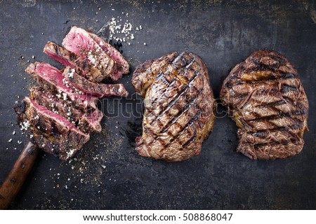 Barbecue Entrecote Steaks On Old Metall Stock Photo 
