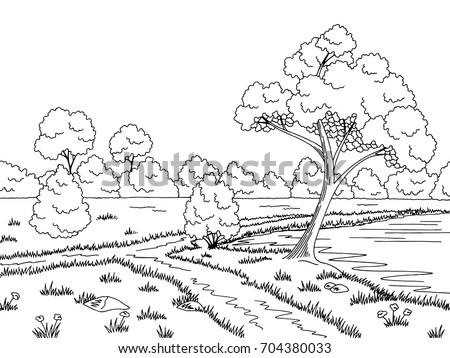 Mountain Lake Graphic Art Black White Stock Vector 442858699 - Shutterstock