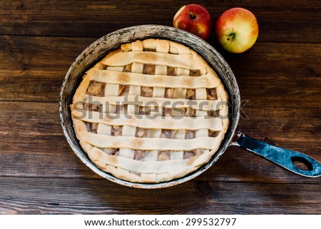 Traditional Open Vegetarian Apple Pie On Wooden Table Background In Rustic Style Traditional Open Vegetarian Apple Pie On Wooden Table Background In Rustic Style