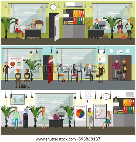 stock vector vector set of office interior and business people concept posters banners in flat style manager 593868137