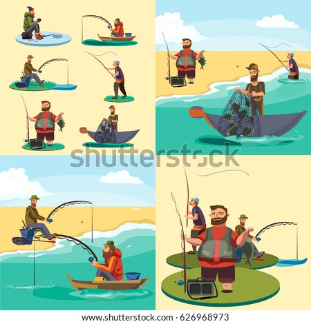 Download Cartoon Fisherman Standing Hat Pulls Net Stock Vector ...