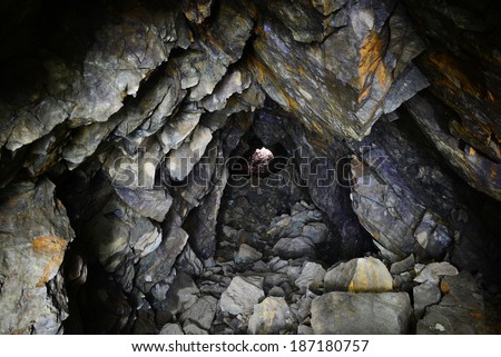 Inside an old mine near the entrance. - stock photo