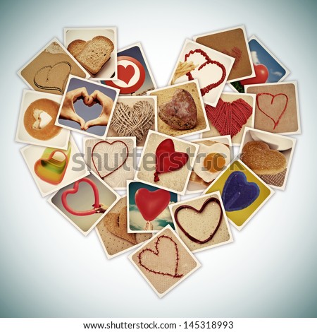 a collage of different snapshots of hearts and heart-shaped things, forming a heart, with a retro effect - stock photo