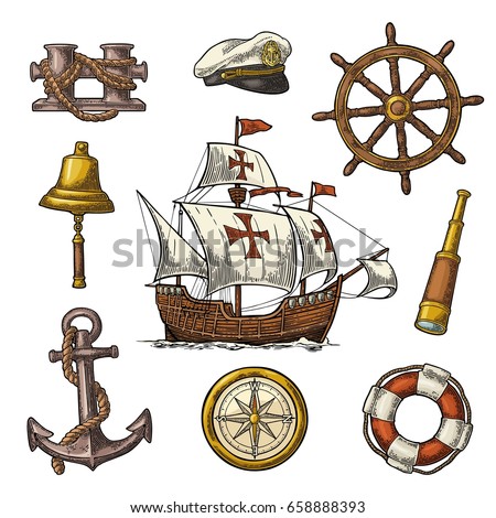 vector caravel compass anchor sea bollard spyglass lifebuoy bell adventure wheel rose engraving isolated poster illustration background color vintage shutterstock