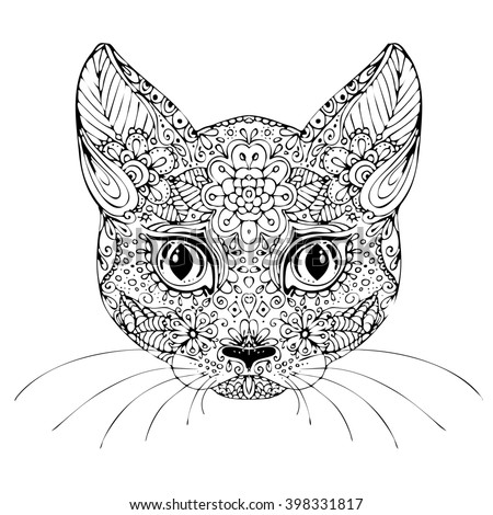 Handdrawn Cat  Ethnic Floral Doodle Pattern Stock Vector 