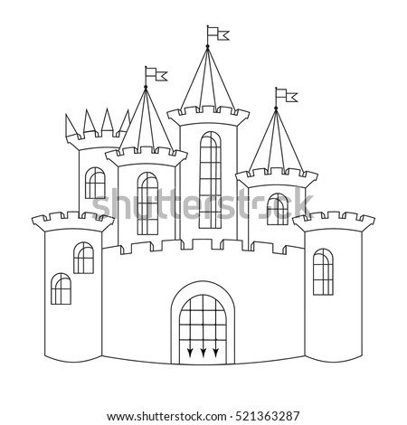 black and white castle contour line drawing isolated on white background raster illustration