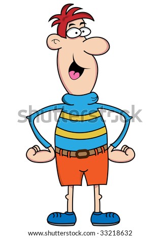 Funny man cartoon character with big nose, skinny knobbly arms and legs ...