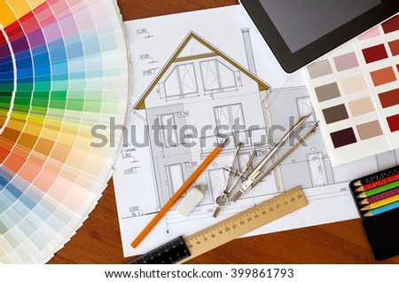 Architecture Drawing Guide architectural facade drawing two color palette stock photo Architecture Drawing Guide architectural facade drawing two color palette stock photo