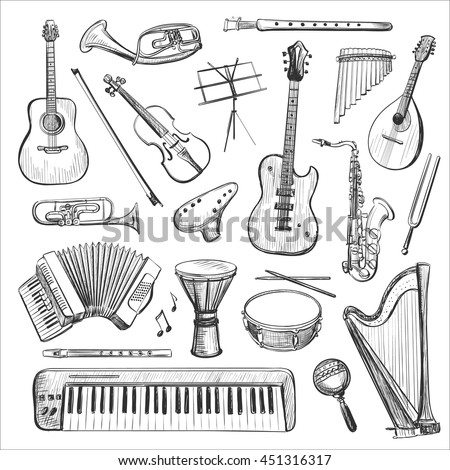 Music Instruments Thin Black Line Vector Stock Vector