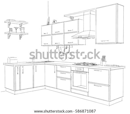 Kitchen Interior Drawing Vector Illustration Stock Vector