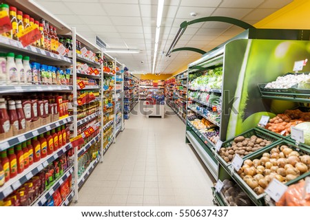 Grocery Cart Supermarket Aisle Filled Food Stock Photo 341778467 ...