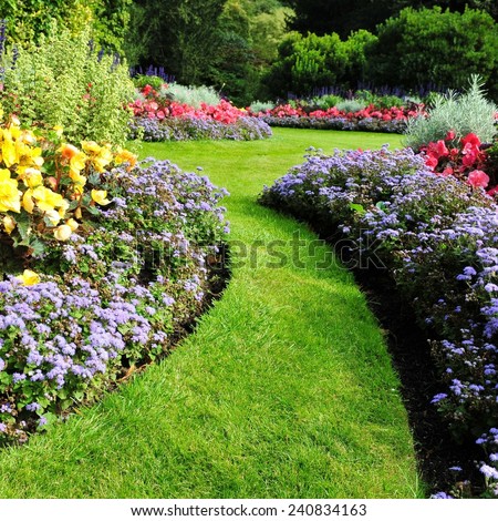 Colourful Flowerbeds Winding Grass Pathway Attractive Stock Photo ...