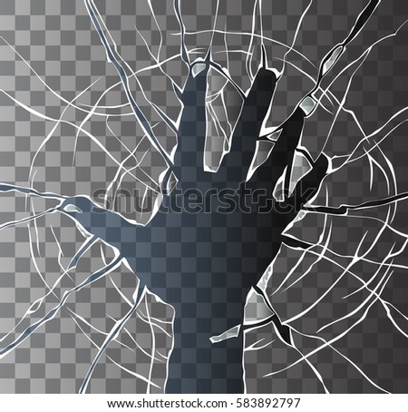 Image of the broken glass in the shape of a hand.Broken transparent glass.