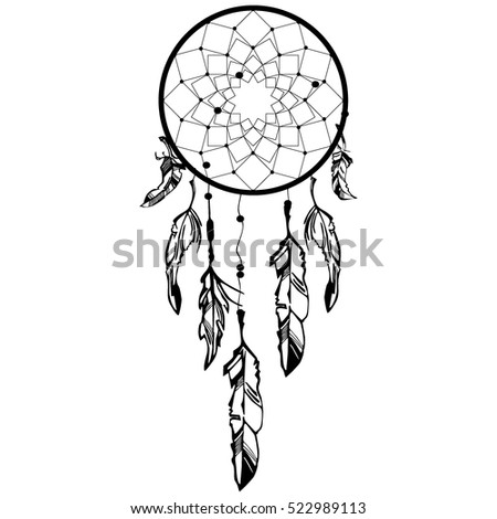 Hand Drawn Native American Indian Talisman Dreamcatcher With Feathers And Moon Vector Hipster Illustration Isolated