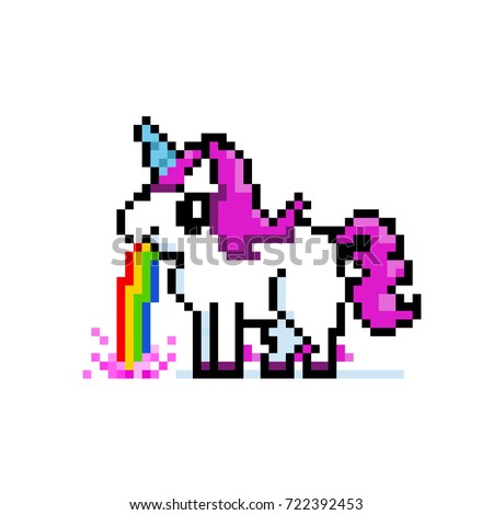 stock vector pixel art bit illustration of a unicorn puking rainbow funny cute unicorn with pink hair girly 722392453