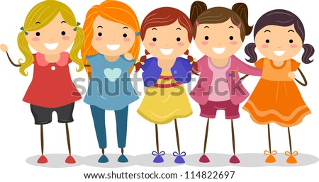 Illustration of a Group of Girls Huddled Together - stock vector