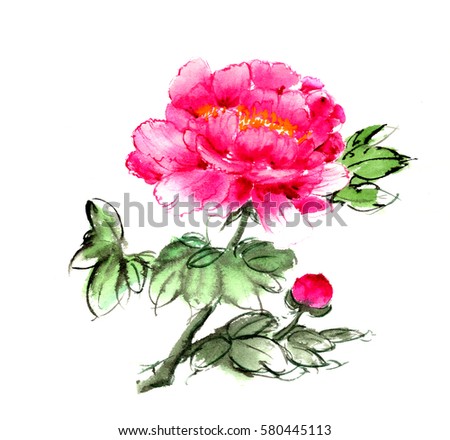 Vector Ink Painting Chinese Peony Translation Stock Vector 166325777 ...