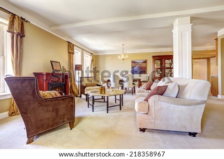 bright living room with fireplace and antique furniture cozy classic peach red beautiful living stock photo 108401306