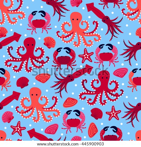 Vector Underwater Seamless Pattern Crab Starfish Stock 