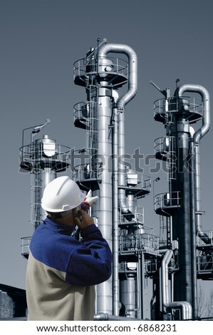 engineer and oil and gas refinery in duplex blue toning