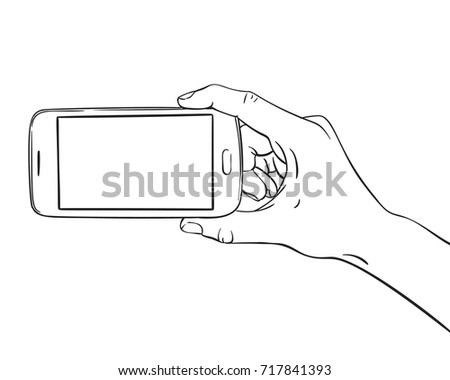 Sketch Hand Holding Smartphone Finger Touching Stock Vector Shutterstock