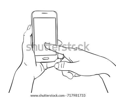 Sketch Hand Holding Smartphone Finger Touching Stock Vector 718130860 ...