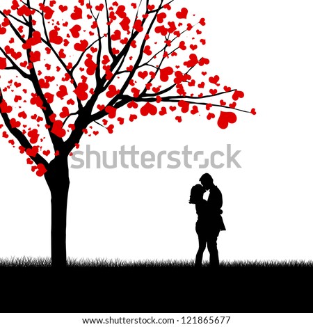 Silhouette Kissing Couple Beside Love Tree Stock Illustration 121865671 ...