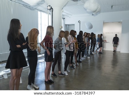 New York, NY - September 14, 2015: Models walk runway during rehearsal for Morgane Le Fay during New York Spring/Summer 2016 fashion week at Hudson Studios on 26th stree
