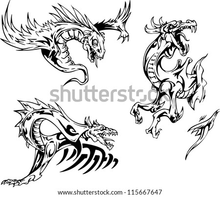 Dragon tattoo designs. Set of vector illustrations. - stock vector