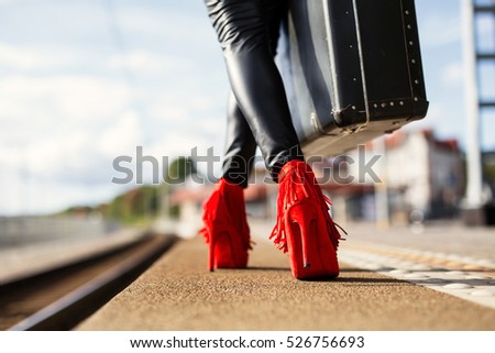 Woman Red High Heels Walking Train Stock Photo 525470680 - Shutterstock