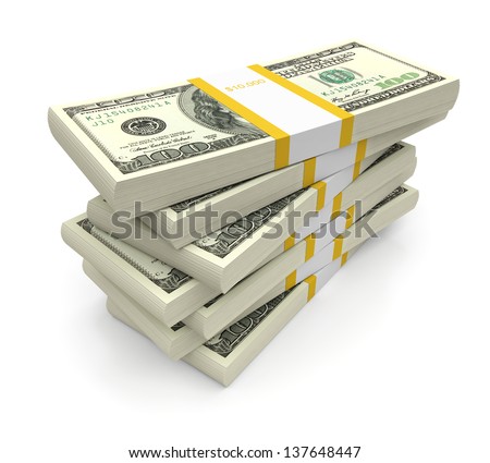 Dollar bill stacks on a white background. 3d image - stock photo