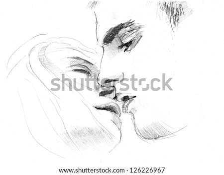 Pencil Drawing Young Kissing Lovers Stock Illustration 126226967