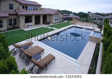 Waterfall Pool Luxury Backyard Tropical Landscaping Stock Photo